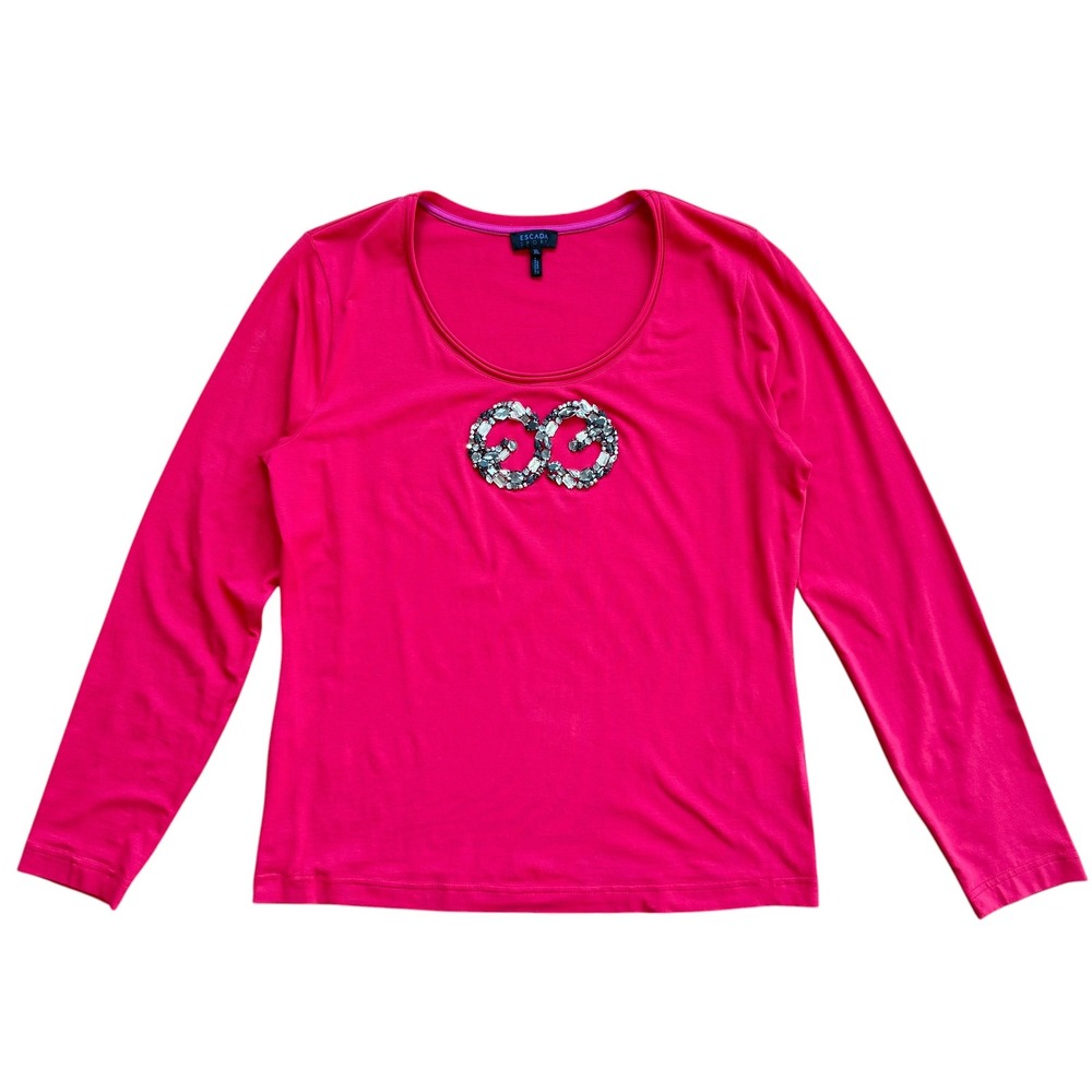 Escada Sport Pink Crystal Embellished Logo Long Sleeve Top XL Cotton Blend